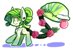 Size: 725x487 | Tagged: safe, artist:crumpitcroc, imported from derpibooru, oc, oc only, monster pony, original species, piranha plant pony, plant pony, augmented tail, ear piercing, female, flower, grumpy, jewelry, necklace, pearl necklace, piercing, plant, rose, simple background, smiling, tongue out, transparent background