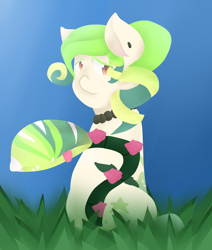 Size: 1162x1373 | Tagged: safe, artist:pandy101, imported from derpibooru, oc, oc only, monster pony, original species, piranha plant pony, plant pony, augmented tail, ear piercing, fangs, female, grass, jewelry, necklace, pearl necklace, piercing, plant, sitting, tongue out