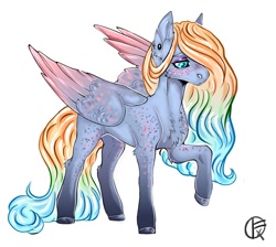 Size: 1170x1049 | Tagged: safe, artist:liamruko, imported from derpibooru, oc, oc only, unnamed oc, pegasus, pony, chest fluff, colored wings, ear fluff, ear piercing, earring, eyeshadow, female, frown, jewelry, makeup, mare, multicolored hair, piercing, raised hoof, signature, simple background, solo, spread wings, white background, wings