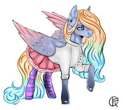 Size: 1170x1049 | Tagged: safe, alternate version, artist:liamruko, imported from derpibooru, oc, oc only, unnamed oc, pegasus, pony, blouse, chest fluff, clothes, colored wings, ear fluff, ear piercing, earring, eyeshadow, female, frown, jewelry, makeup, mare, multicolored hair, piercing, raised hoof, signature, simple background, skirt, socks, solo, spread wings, stockings, striped socks, thigh highs, white background, wings