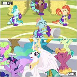 Size: 1000x1000 | Tagged: safe, edit, edited screencap, imported from derpibooru, screencap, citrine spark, clever musings, cloudburst, daisy, fire flicker, fire quacker, flower wishes, gallus, lighthoof, ocellus, princess celestia, sandbar, shimmy shake, twilight sparkle, yona, alicorn, changeling, dragon, earth pony, griffon, pony, unicorn, yak, 2 4 6 greaaat, cheerleader, cheerleader ocellus, cheerleader yona, clothes, friendship student, hay bale, mondegreen, text, text edit, twilight sparkle (alicorn), vulgar