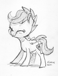 Size: 1103x1444 | Tagged: safe, artist:dilarus, deleted from derpibooru, imported from derpibooru, scootaloo, pegasus, pony, blushing, cute, cutealoo, eyes closed, female, filly, monochrome, signature, simple background, sketch, traditional art, white background