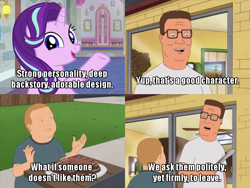 Size: 700x525 | Tagged: safe, edit, edited screencap, imported from derpibooru, screencap, starlight glimmer, a horse shoe-in, caption, comic, cute, drama, female, get out, glimmerbetes, image macro, king of the hill, raised hoof, school of friendship, screencap comic, smiling, starlight drama, starlight drama drama, text