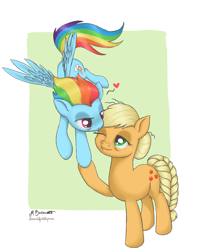 Size: 2755x3444 | Tagged: safe, artist:caulfieldsprice, imported from derpibooru, applejack, rainbow dash, earth pony, pegasus, pony, the last problem, apple, appledash, cutie mark, female, floating heart, food, heart, lesbian, lesbian dash, love, meme, older, older applejack, older rainbow dash, one eye closed, otp, pairings, rainbow, ship, shipping, wings