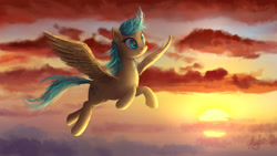 Size: 1920x1080 | Tagged: safe, artist:magfen, imported from derpibooru, sunshower raindrops, pegasus, pony, cloud, female, flying, mare, scenery, sky, solo, spread wings, sunset, wings