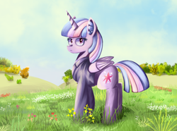 Size: 2100x1560 | Tagged: safe, artist:bacbko, imported from derpibooru, twilight sparkle, alicorn, pony, bush, clothes, ear fluff, female, flower, grass, grass field, hoodie, looking at you, mare, scenery, solo, tree, twilight sparkle (alicorn)