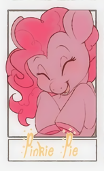 Size: 621x1018 | Tagged: safe, alternate version, artist:doekis, imported from derpibooru, pinkie pie, earth pony, pony, colored hooves, eyes closed, female, mare, open mouth, smiling, text