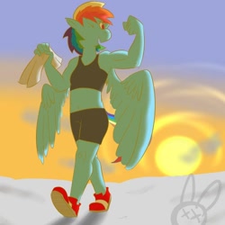 Size: 500x500 | Tagged: safe, artist:bunny-bruises, imported from derpibooru, rainbow dash, anthro, pegasus, plantigrade anthro, belly button, cloud, female, flex, flexing, muscles, one eye closed, smiling, solo, sun, towel, wink