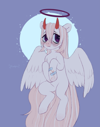 Size: 2527x3215 | Tagged: safe, artist:bloodymrr, imported from derpibooru, oc, oc only, pegasus, pony, bandaid, devil horns, frown, halo, pegasus oc, rcf community, solo, wings