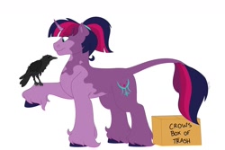 Size: 1280x854 | Tagged: safe, artist:itstechtock, imported from derpibooru, oc, oc only, oc:strawberry sunset, bird, classical unicorn, crow, pony, unicorn, box, cardboard box, cloven hooves, curved horn, female, hoof fluff, horn, leonine tail, magical lesbian spawn, mare, not twilight sparkle, offspring, parent:tempest shadow, parent:twilight sparkle, parents:tempestlight, raised hoof, simple background, smiling, solo, unshorn fetlocks, whiet background, white background