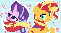 Size: 4699x2587 | Tagged: safe, alternate version, artist:copster, imported from derpibooru, starlight glimmer, sunset shimmer, pony, unicorn, absurd resolution, blushing, commission, cute, female, heart, heart eyes, lesbian, mare, open mouth, seduction, shimmerglimmer, shipping, simple background, smiling, tail seduce, wingding eyes, ych result