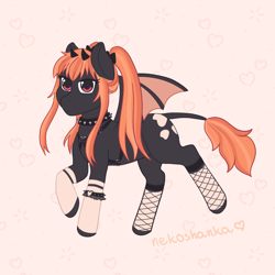 Size: 1000x1000 | Tagged: safe, artist:nekoshanka, imported from derpibooru, oc, oc only, oc:luci, bat pony, pony, bat pony oc, bat wings, black, choker, coat markings, cute, emo, female, fishnets, goth, harness, horns, leonine tail, ponytail, reference sheet, socks (coat marking), socks (coat markings), solo, spiked choker, spiked wristband, tack, wings, wristband