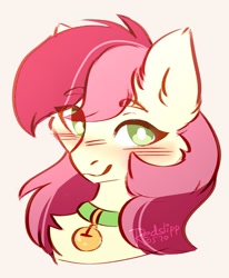 Size: 1122x1362 | Tagged: safe, artist:redslipp, imported from derpibooru, roseluck, pony, bell, bell collar, bust, cat bell, collar, cute, fluffy, pony pet, portrait, rosepet