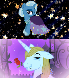 Size: 1280x1428 | Tagged: safe, artist:creativa-artly01, edit, edited screencap, imported from derpibooru, screencap, prince blueblood, trixie, the best night ever, bluetrix, clothes, dress, female, male, shipping, shipping domino, straight