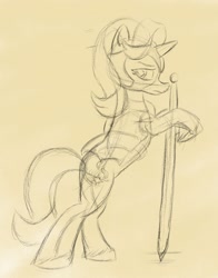 Size: 1024x1304 | Tagged: safe, artist:rockhoppr3, imported from derpibooru, starlight glimmer, pony, unicorn, armor, female, monochrome, solo, sword, weapon, wip