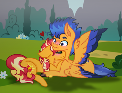 Size: 653x495 | Tagged: safe, artist:itsnatcherx, imported from derpibooru, flash sentry, sunset shimmer, unicorn, blushing, cute, female, flashimmer, male, shipping, straight, two toned wings, wings