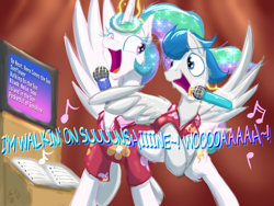 Size: 2048x1536 | Tagged: safe, artist:frist44, imported from derpibooru, princess celestia, oc, oc:dreamy daze, alicorn, pegasus, pony, alternate hairstyle, canon x oc, clothes, dreamlestia, hawaiian shirt, karaoke, katrina and the waves, magic, magic aura, microphone, shirt, singing, song reference, walking on sunshine, wing hands, wing hold, wings