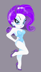 Size: 462x800 | Tagged: safe, artist:kabukihomewood, imported from derpibooru, rarity, equestria girls, beautiful, beautiful eyes, beautiful hair, blue eyes, blue eyeshadow, breasts, busty rarity, cleavage, clothes, cute, ear piercing, earring, eyeshadow, female, gray background, hand on hip, high heels, jewelry, legs, leotard, lidded eyes, lipstick, looking at you, makeup, piercing, pinup, pony coloring, purple hair, purple lipstick, raribetes, shiny hair, shoes, simple background, smiling, smirk, solo, stiletto heels, woman