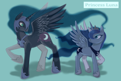 Size: 1500x1000 | Tagged: safe, artist:bunina, imported from derpibooru, nightmare moon, princess luna, alicorn, pony, blue background, crown, duality, female, jewelry, looking at each other, mare, regalia, self ponidox, simple background, spread wings, wings