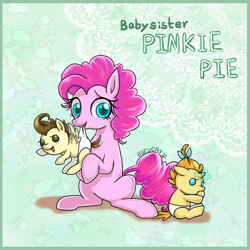 Size: 1000x1000 | Tagged: safe, artist:bunina, imported from derpibooru, pinkie pie, pound cake, pumpkin cake, earth pony, pegasus, pony, unicorn, baby, baby pony, babysitting, cake twins, cute, diaper, female, foalsitter, foalsitting, mare, mouth hold, siblings, sitting, twins