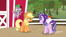 Size: 1600x900 | Tagged: safe, imported from derpibooru, screencap, applejack, spike, starlight glimmer, bird, chicken, dragon, earth pony, pony, unicorn, harvesting memories, spoiler:harvesting memories, spoiler:mlp friendship is forever, 9now, apple, apple tree, barn, butt, farm, feather, female, fence, flying, frazzled, male, mare, orchard, plot, sweet apple acres, tree, winged spike, wings