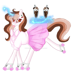 Size: 1920x1920 | Tagged: safe, artist:nightingalewolfie, imported from derpibooru, oc, oc only, oc:milkshake cupcake, pony, unicorn, clothes, deviantart watermark, female, magic, mare, obtrusive watermark, roller skates, shirt, simple background, skirt, solo, tongue out, transparent background, watermark