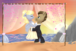 Size: 3000x2028 | Tagged: safe, artist:smelon, imported from derpibooru, derpy hooves, doctor whooves, time turner, earth pony, pegasus, pony, alternate hairstyle, beach, clothes, commission, cute, derpabetes, doctorderpy, dress, eyes closed, eyeshadow, female, gloves, hug, lifting, makeup, male, mare, marriage, pants, rock, sand, shipping, shirt, stallion, straight, suit, sun, sunset, tuxedo, water, wedding, wedding dress, ych result