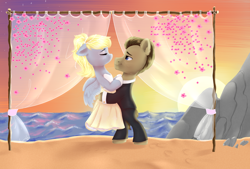 Size: 3000x2028 | Tagged: safe, alternate version, artist:smelon, imported from derpibooru, derpy hooves, doctor whooves, time turner, earth pony, pegasus, pony, alternate hairstyle, beach, clothes, commission, cute, derpabetes, doctorderpy, dress, eyes closed, eyeshadow, female, gloves, hug, lifting, makeup, male, mare, marriage, pants, rock, sand, shipping, shirt, stallion, straight, suit, sun, sunset, tuxedo, water, wedding, wedding dress, ych result