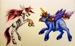 Size: 4740x2943 | Tagged: safe, artist:cahandariella, imported from derpibooru, oc, earth pony, zebra, fallout equestria, fallout equestria: project horizons, fake alicorn, fake horn, fake wings, fanfic art, parody, physique difference, ponysona, technically alicorn, traditional art