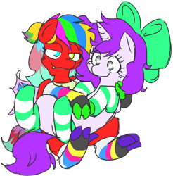 Size: 1264x1283 | Tagged: safe, artist:doodlegamertj, imported from derpibooru, oc, oc:barf, oc:mable syrup, pony, unicorn, blind, bow, clothes, heterochromia, simple background, socks, striped socks, transparent background