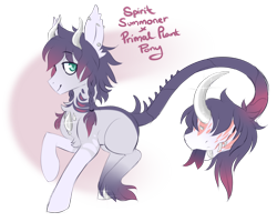 Size: 1024x820 | Tagged: safe, artist:glitterring, imported from derpibooru, oc, oc only, cow plant pony, monster pony, original species, plant pony, augmented tail, chest fluff, curved horn, ear piercing, fangs, forked tongue, horn, male, piercing, plant, raised hoof, simple background, smiling, thorn, thorns, transparent background
