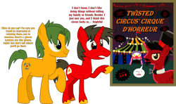 Size: 3527x2088 | Tagged: safe, artist:shadymeadow, imported from derpibooru, oc, oc only, oc:fried egg, oc:scorpion chain, oc:twisted circus, earth pony, pony, unicorn, hat, male, poster, simple background, stallion, teenager, top hat, transparent background