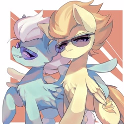 Size: 1600x1600 | Tagged: safe, artist:masa_0006, imported from derpibooru, fleetfoot, spitfire, pegasus, pony, abstract background, chest fluff, cute, duo, featured image, female, fluffy, frown, glare, grin, hug, leg fluff, looking at you, mare, raised hoof, smiling, smirk, spread wings, sunglasses, winghug, wings