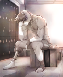 Size: 2072x2544 | Tagged: safe, artist:evomanaphy, imported from derpibooru, oc, oc only, oc:iron aegis, anthro, earth pony, plantigrade anthro, amputee, barefoot, clothes, crying, feet, gym shorts, locker room, lockers, monochrome, partial nudity, phantom pain, prosthetic leg, prosthetic limb, prosthetics, ptsd, royal guard, scar, solo, topless