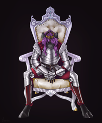 Size: 2500x3000 | Tagged: safe, artist:jeshh, imported from derpibooru, oc, oc only, oc:violet umbral, anthro, unguligrade anthro, armor, black background, chair, male, offspring, parent:king sombra, parent:rarity, parents:sombrarity, simple background, solo, stallion