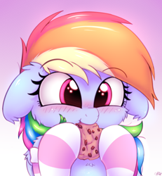 Size: 2500x2700 | Tagged: safe, artist:heavymetalbronyyeah, imported from derpibooru, rainbow dash, pegasus, pony, blushing, bust, cheek fluff, chest fluff, clothes, cookie, cute, dashabetes, ear fluff, eating, female, floppy ears, food, gradient background, heart eyes, high res, leg fluff, mare, shoulder fluff, socks, solo, striped socks, weapons-grade cute, wingding eyes