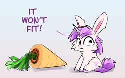 Size: 2285x1425 | Tagged: safe, artist:xbi, imported from derpibooru, oc, oc only, oc:lapush buns, pony, unicorn, bunny ears, bunnycorn, carrot, food, gradient background, not going to fit, solo