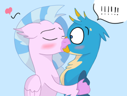 Size: 1352x1024 | Tagged: safe, artist:sprinkle-tits, imported from derpibooru, gallus, silverstream, griffon, hippogriff, beak kissing, blue background, blushing, exclamation point, female, gallstream, heart, kissing, male, shipping, simple background, straight, surprise kiss, surprised