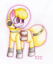 Size: 1773x2140 | Tagged: safe, artist:brilliant-luna, imported from derpibooru, oc, oc only, oc:puppysmiles, pony, fallout equestria, fallout equestria: pink eyes, bag, ear fluff, fanfic art, female, filly, hazmat suit, saddle bag, simple background, smiling, solo, traditional art, white background