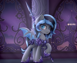 Size: 3432x2820 | Tagged: safe, artist:av-4, artist:avastin4, imported from derpibooru, oc, oc only, oc:luny, bat pony, pony, female, guardsmare, mare, night guard, royal guard, solo, spear, weapon