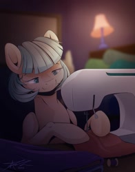 Size: 1024x1304 | Tagged: safe, artist:mindlesssketching, imported from derpibooru, coco pommel, earth pony, pony, colored pupils, female, lamp, lidded eyes, mare, sewing machine, smiling, solo, working