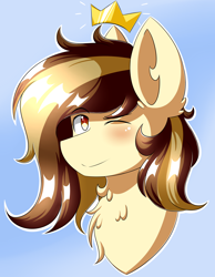 Size: 2520x3240 | Tagged: safe, artist:prism(not colourful), artist:xprismxx, imported from derpibooru, oc, oc only, oc:prince whateverer, pony, blue background, bust, male, one eye closed, portrait, simple background, solo, stallion, wink