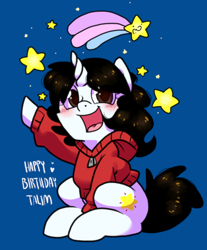 Size: 858x1038 | Tagged: safe, artist:paperbagpony, imported from derpibooru, oc, oc:talim, unicorn, female, happy birthday, stars