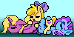 Size: 300x150 | Tagged: safe, artist:bitassembly, edit, imported from derpibooru, oc, oc:amber streak, oc:bright star, oc:untitled work, butt pillow, cuddling, pixel art, pony pile, sleeping