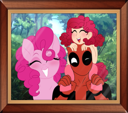 Size: 1199x1066 | Tagged: safe, artist:unoriginai, imported from derpibooru, pinkie pie, oc, oc:painkie, human, pony, satyr, crossover, crossover shipping, cute, deadpool, family photo, female, interspecies offspring, looking at you, male, mother and father and daughter, offspring, parent:deadpool, parent:pinkie pie, parents:pinkiepool, picture frame, pinkiepool (pairing), shipping, straight