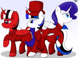 Size: 4700x3500 | Tagged: safe, artist:marusya, artist:schwarzesskreuz, imported from derpibooru, oc, oc:jett, oc:jett linndemann, oc:muller, oc:richard linndemann, alicorn, pony, alicorn oc, clothes, hat, horn, red and black oc, top hat, wings