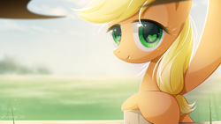 Size: 1920x1080 | Tagged: safe, artist:jeremywithlove, edit, imported from derpibooru, applejack, earth pony, pony, cute, female, fence, heart, heart eyes, jackabetes, looking at you, solo, wallpaper, wingding eyes