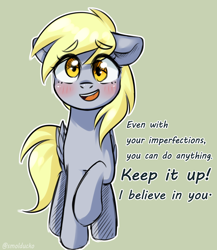 Size: 1000x1150 | Tagged: safe, artist:cottonsweets, imported from derpibooru, derpy hooves, pegasus, pony, blushing, cute, derpabetes, dialogue, female, green background, mare, open mouth, positive ponies, raised hoof, signature, simple background, sketch, solo, talking to viewer