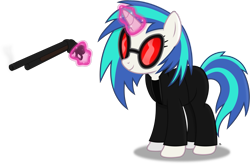 Size: 4209x2756 | Tagged: safe, artist:anime-equestria, imported from derpibooru, dj pon-3, vinyl scratch, pony, unicorn, absurd resolution, clothes, female, gun, horn, jacket, levitation, magic, mare, shotgun, simple background, smiling, solo, sunglasses, telekinesis, terminator, transparent background, vector, vinyl's glasses, weapon