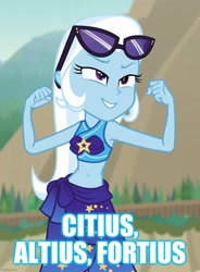 Size: 739x1006 | Tagged: safe, edit, edited screencap, imported from derpibooru, screencap, trixie, equestria girls, equestria girls series, forgotten friendship, belly button, caption, clothes, cropped, female, flexing, image macro, latin, meme, midriff, motto, olympic motto, olympics, sarong, sunglasses, swimsuit, text, trixie yells at everything